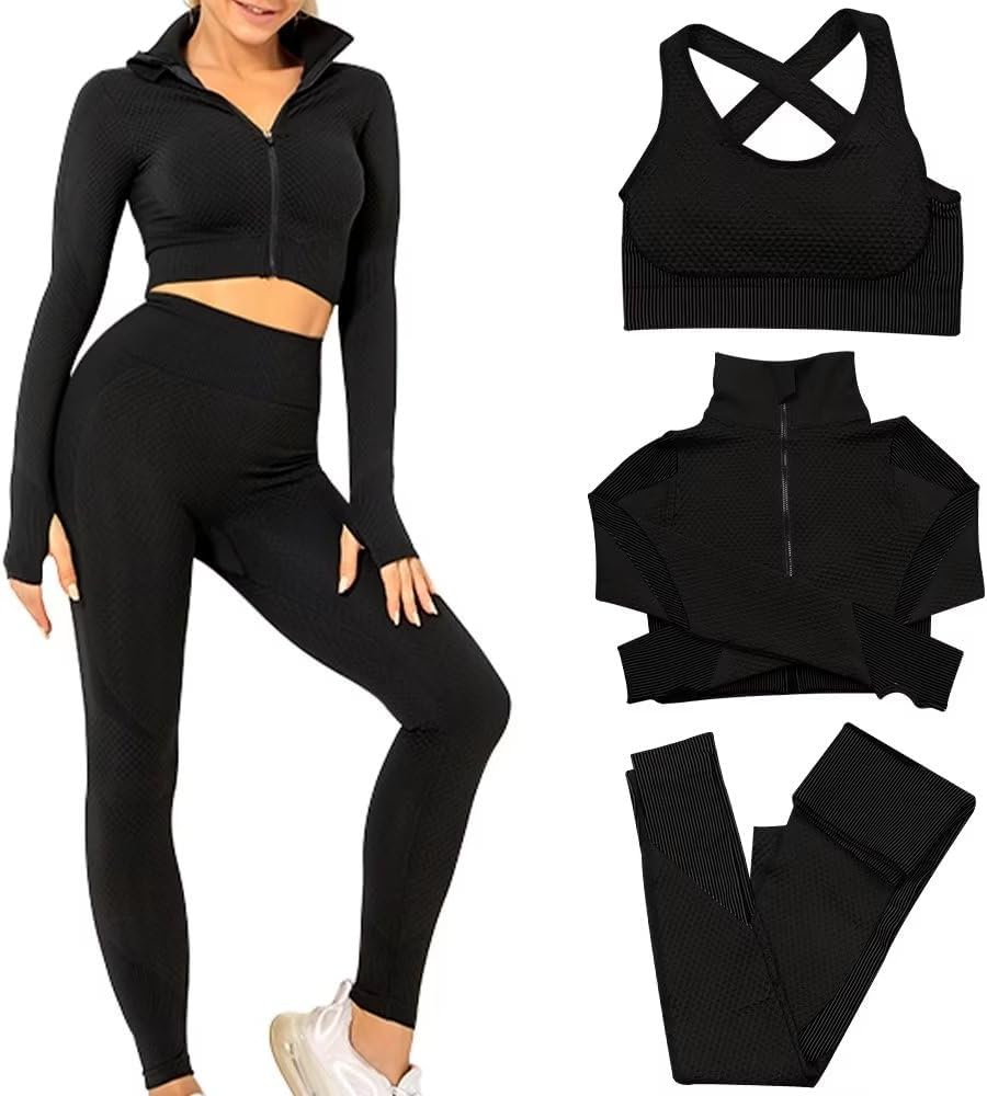 Women'S 3Pcs Seamless Workout Outfits Sets, Yoga Sportswear Tracksuit Leggings and Stretch Sports Bra Fitness