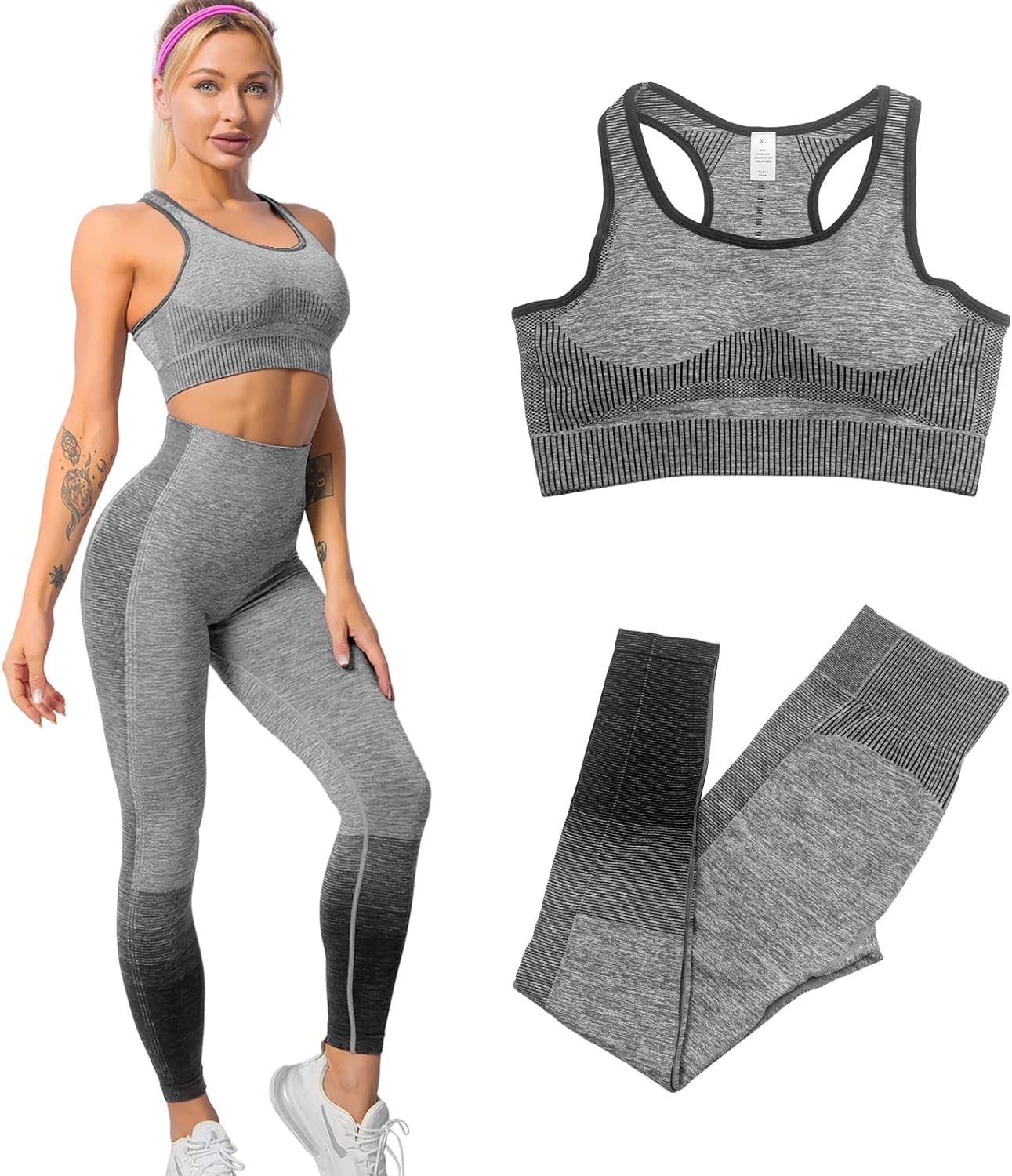 Women'S 3Pcs Seamless Workout Outfits Sets, Yoga Sportswear Tracksuit Leggings and Stretch Sports Bra Fitness