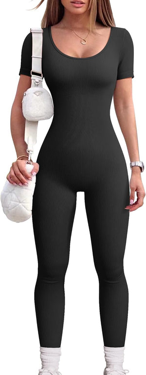 Women‘S Yoga Jumpsuits Ribbed One Piece Workout Short Sleeve Tops Exercise Jumpsuits