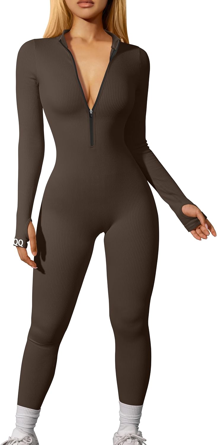 Women Yoga Jumpsuits Workout Ribbed Long Sleeve Zip Front Sport Jumpsuits