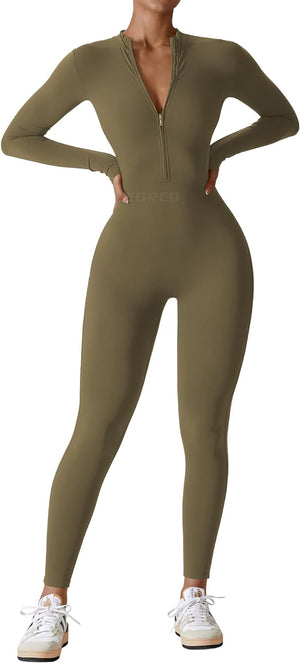 Women Workout Jumpsuit Zip up Romper Bottom Pants Long Sleeve Bodysuit Bodycon Sexy One Piece